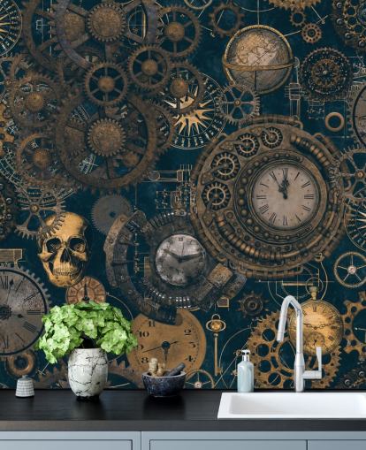 murale steampunk blu e oro chiamato Steampunk di Andrea Haase per camere da letto e salotti murale steampunk blu e oro chiamato Steampunk di Andrea Haase per camere da letto e salotti