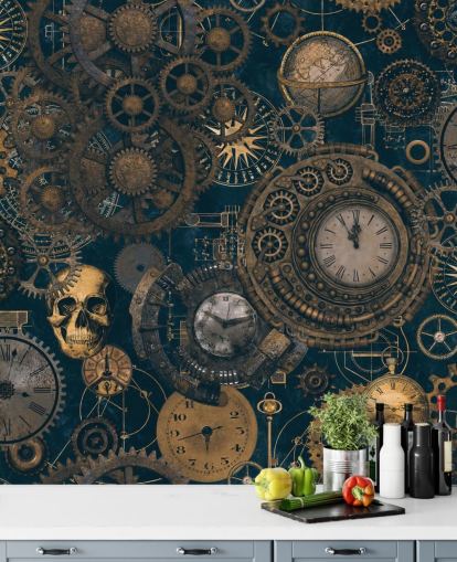 mural de pared steampunk azul marino y dorado llamado Steampunk de Andrea Haase para dormitorios y salas de estar