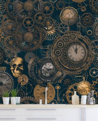 navy and gold steampunk wall mural called Steampunk by Andrea Haase for bedrooms and living rooms