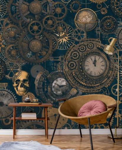 marineblauwe en gouden steampunk muurschildering genaamd Steampunk van Andrea Haase voor slaapkamers en woonkamers