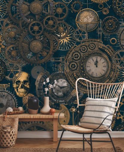 marinblå och guld steampunk väggmålning kallad Steampunk av Andrea Haase för sovrum och vardagsrum marinblå och guld steampunk väggmålning kallad Steampunk av Andrea Haase för sovrum och vardagsrum