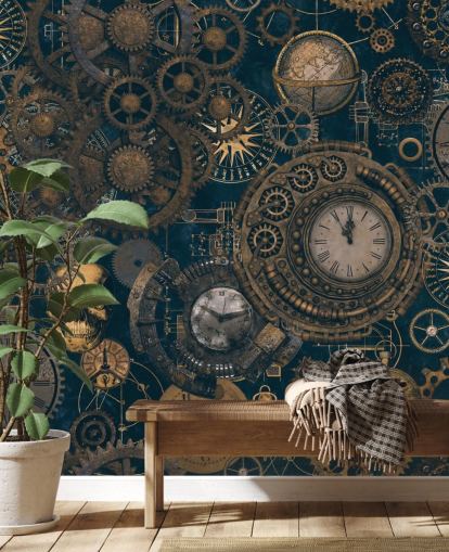 marineblauwe en gouden steampunk muurschildering genaamd Steampunk van Andrea Haase voor slaapkamers en woonkamers