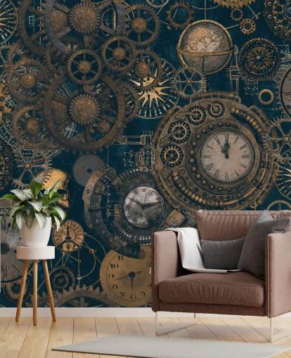 mural de pared steampunk azul marino y dorado llamado Steampunk de Andrea Haase para dormitorios y salas de estar mural de pared steampunk azul marino y dorado llamado Steampunk de Andrea Haase para dormitorios y salas de estar