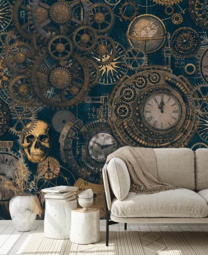 navy and gold steampunk wall mural called Steampunk by Andrea Haase for bedrooms and living rooms