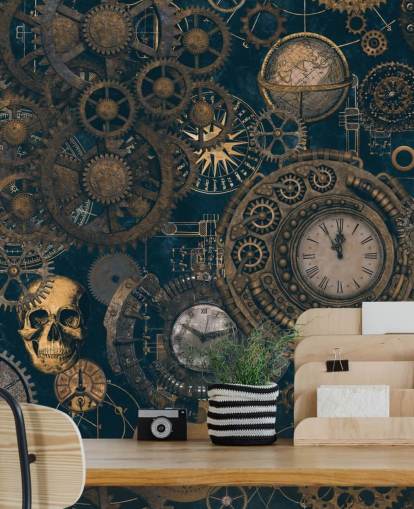 Steampunk-Wandbild in Marineblau und Gold namens Steampunk von Andrea Haase für Schlafzimmer und Wohnzimmer