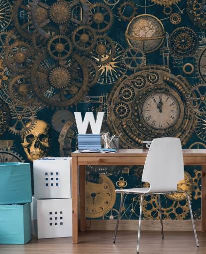 navy and gold steampunk wall mural called Steampunk by Andrea Haase for bedrooms and living rooms