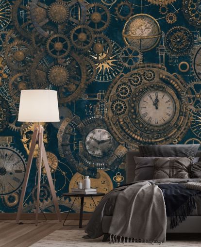 mural de parede steampunk azul marinho e dourado chamado Steampunk de Andrea Haase para quartos e salas de estar