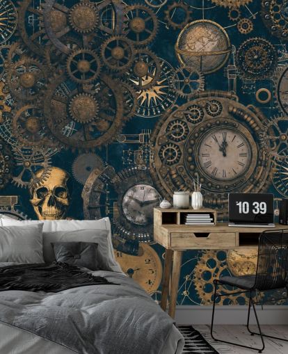 marineblå og guld steampunk vægmaleri kaldet Steampunk af Andrea Haase til soveværelser og stuer