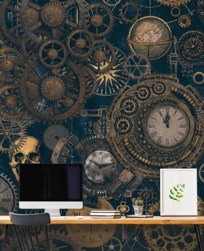 marinblå och guld steampunk väggmålning kallad Steampunk av Andrea Haase för sovrum och vardagsrum marinblå och guld steampunk väggmålning kallad Steampunk av Andrea Haase för sovrum och vardagsrum