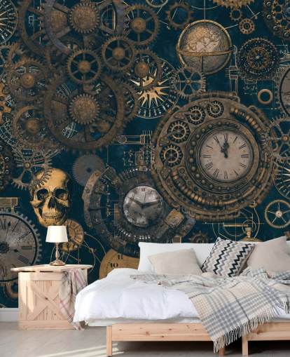 navy and gold steampunk wall mural called Steampunk by Andrea Haase for bedrooms and living rooms