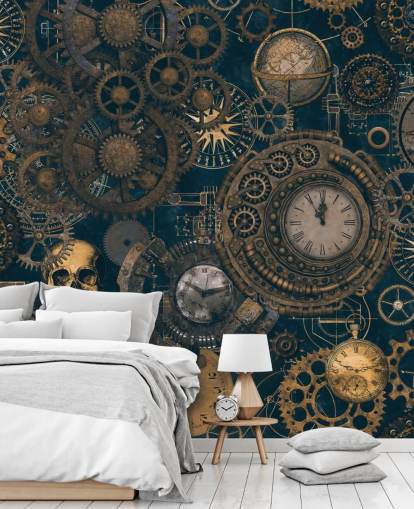 mural de parede steampunk azul marinho e dourado chamado Steampunk de Andrea Haase para quartos e salas de estar