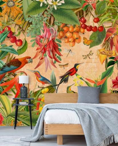 Andrea Haasen värikäs trooppisten lintujen taustakuvamaalaus nimeltään Tropical Summer Garden kylpyhuoneisiin ja keittiöihin Andrea Haasen värikäs trooppisten lintujen taustakuvamaalaus nimeltään Tropical Summer Garden kylpyhuoneisiin ja keittiöihin