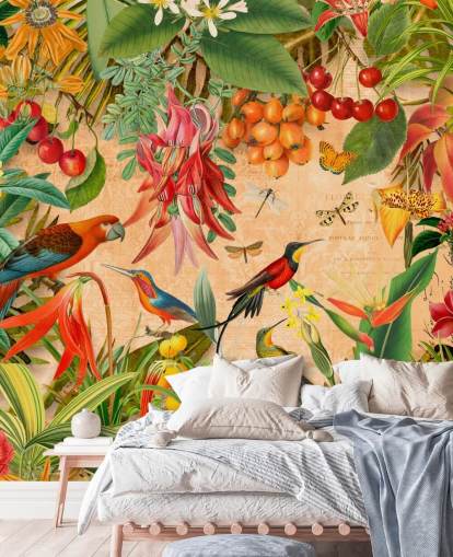 kleurrijke behangmuurschildering met tropische vogels genaamd Tropical Summer Garden van Andrea Haase voor badkamers en keukens