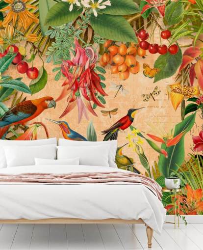 mural colorido de pájaros tropicales llamado Tropical Summer Garden de Andrea Haase para baños y cocinas