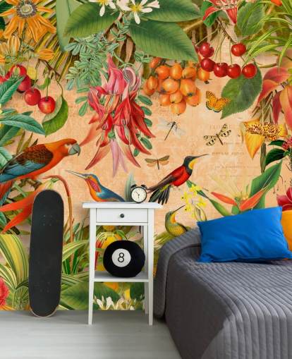 kleurrijke behangmuurschildering met tropische vogels genaamd Tropical Summer Garden van Andrea Haase voor badkamers en keukens