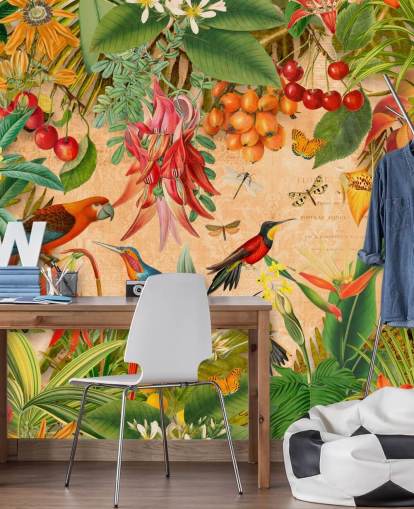 murale di carta da parati colorato con uccelli tropicali chiamato Tropical Summer Garden di Andrea Haase per bagni e cucine