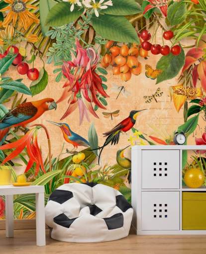 mural colorido de papel de parede de pássaros tropicais chamado Tropical Summer Garden de Andrea Haase para banheiros e cozinhas mural colorido de papel de parede de pássaros tropicais chamado Tropical Summer Garden de Andrea Haase para banheiros e cozinhas