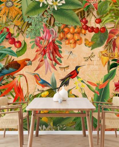 mural colorido de pájaros tropicales llamado Tropical Summer Garden de Andrea Haase para baños y cocinas mural colorido de pájaros tropicales llamado Tropical Summer Garden de Andrea Haase para baños y cocinas