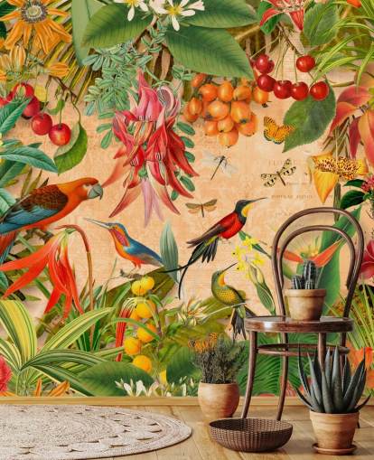 papier peint mural coloré d'oiseaux tropicaux appelé Tropical Summer Garden par Andrea Haase pour les salles de bain et les cuisines