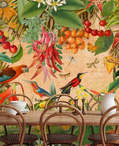 mural colorido de pájaros tropicales llamado Tropical Summer Garden de Andrea Haase para baños y cocinas