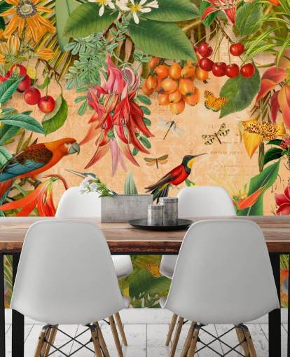 mural colorido de papel de parede de pássaros tropicais chamado Tropical Summer Garden de Andrea Haase para banheiros e cozinhas