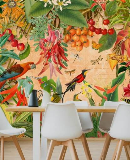 Andrea Haasen värikäs trooppisten lintujen taustakuvamaalaus nimeltään Tropical Summer Garden kylpyhuoneisiin ja keittiöihin