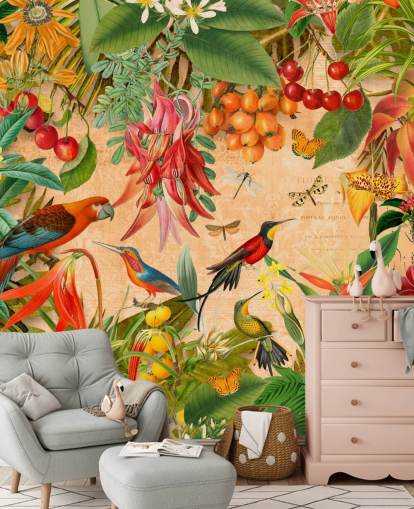 farverigt tropisk fugl tapetmaleri kaldet Tropical Summer Garden af Andrea Haase til badeværelser og køkkener