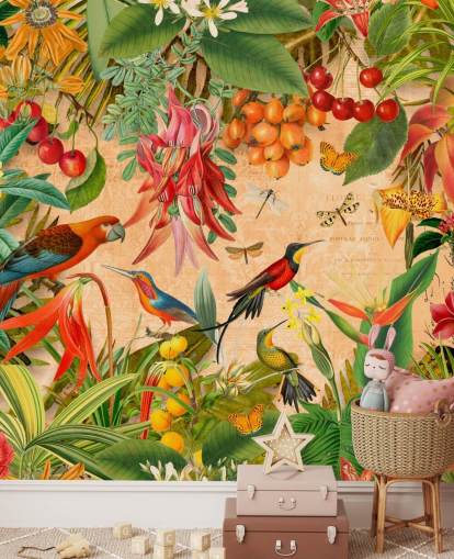 colourful tropical bird wallpaper mural called Tropical Summer Garden by Andrea Haase for bathrooms and kitchens