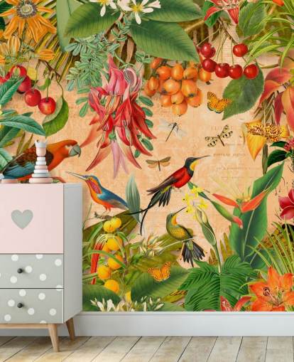 mural colorido de papel de parede de pássaros tropicais chamado Tropical Summer Garden de Andrea Haase para banheiros e cozinhas