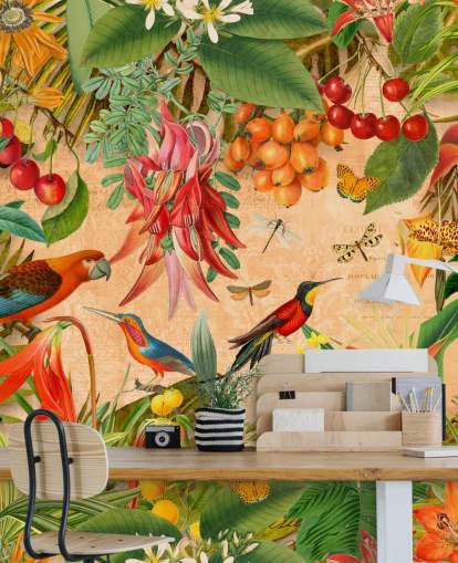 colorful tropical bird wallpaper mural called Tropical Summer Garden by Andrea Haase for bathrooms and kitchens