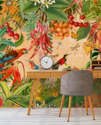 murale di carta da parati colorato con uccelli tropicali chiamato Tropical Summer Garden di Andrea Haase per bagni e cucine