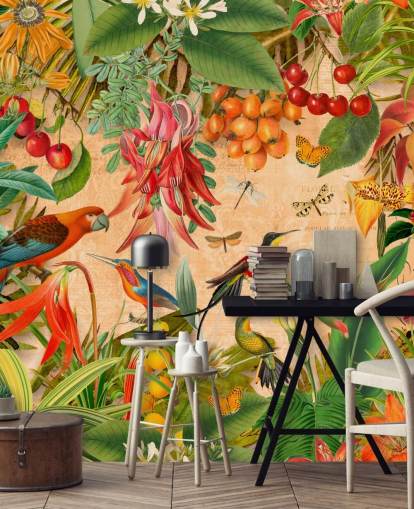 colourful tropical bird wallpaper mural called Tropical Summer Garden by Andrea Haase for bathrooms and kitchens colourful tropical bird wallpaper mural called Tropical Summer Garden by Andrea Haase for bathrooms and kitchens