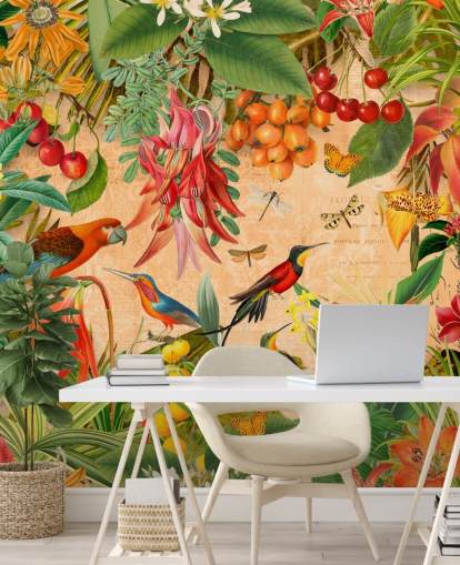 colourful tropical bird wallpaper mural called Tropical Summer Garden by Andrea Haase for bathrooms and kitchens