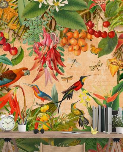 fargerikt tropisk fugl tapet veggmaleri kalt Tropical Summer Garden av Andrea Haase for bad og kjøkken