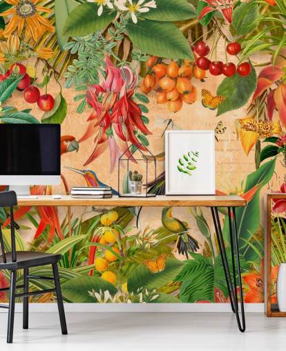 farbenfrohe tropische Vogeltapete namens Tropical Summer Garden von Andrea Haase für Badezimmer und Küchen farbenfrohe tropische Vogeltapete namens Tropical Summer Garden von Andrea Haase für Badezimmer und Küchen