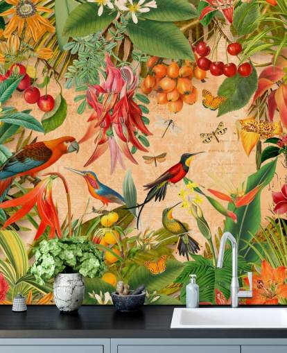 färgglad tropisk fågel tapet väggmålning kallad Tropical Summer Garden av Andrea Haase för badrum och kök färgglad tropisk fågel tapet väggmålning kallad Tropical Summer Garden av Andrea Haase för badrum och kök