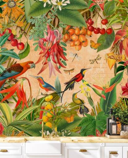 murale di carta da parati colorato con uccelli tropicali chiamato Tropical Summer Garden di Andrea Haase per bagni e cucine murale di carta da parati colorato con uccelli tropicali chiamato Tropical Summer Garden di Andrea Haase per bagni e cucine