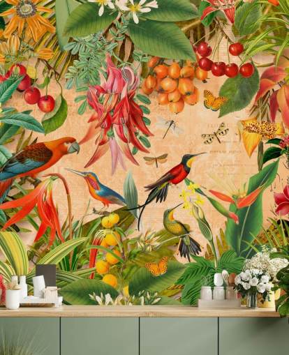 mural colorido de pájaros tropicales llamado Tropical Summer Garden de Andrea Haase para baños y cocinas