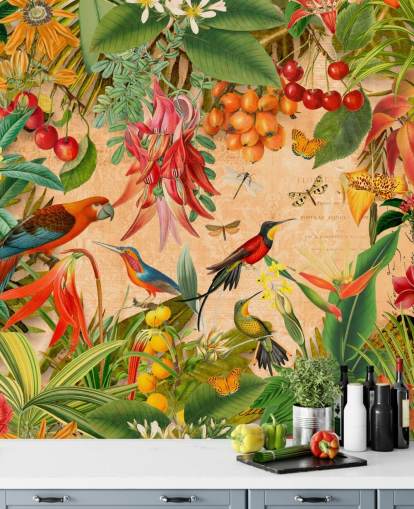 colorful tropical bird wallpaper mural called Tropical Summer Garden by Andrea Haase for bathrooms and kitchens