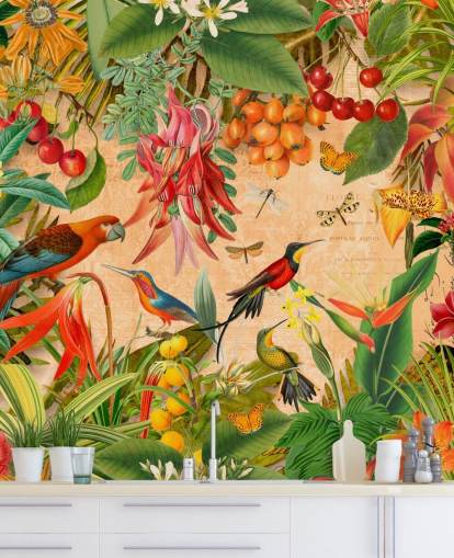 mural colorido de papel de parede de pássaros tropicais chamado Tropical Summer Garden de Andrea Haase para banheiros e cozinhas