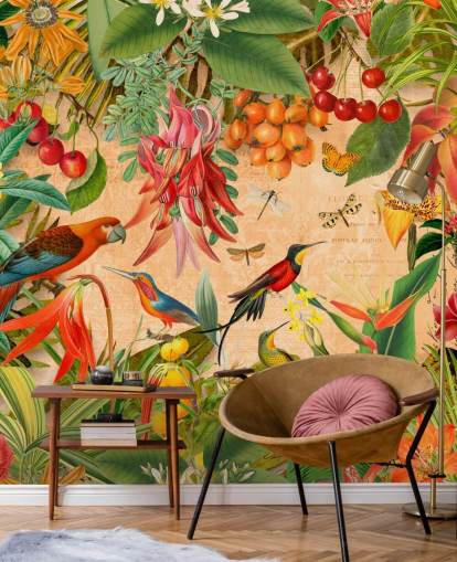 colorful tropical bird wallpaper mural called Tropical Summer Garden by Andrea Haase for bathrooms and kitchens