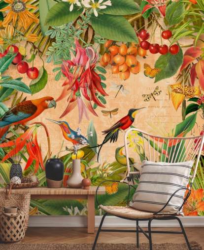mural colorido de pájaros tropicales llamado Tropical Summer Garden de Andrea Haase para baños y cocinas
