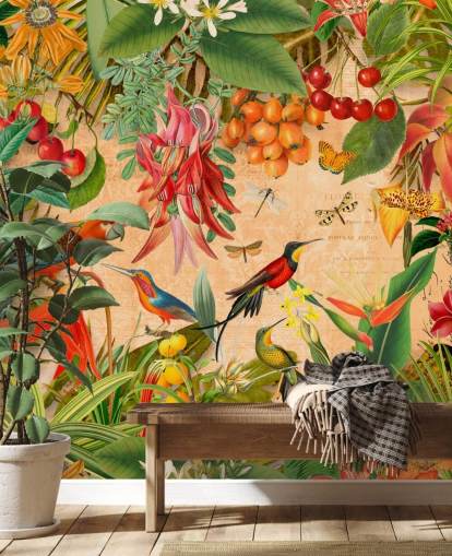 mural colorido de papel de parede de pássaros tropicais chamado Tropical Summer Garden de Andrea Haase para banheiros e cozinhas