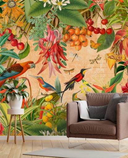 colorful tropical bird wallpaper mural called Tropical Summer Garden by Andrea Haase for bathrooms and kitchens colorful tropical bird wallpaper mural called Tropical Summer Garden by Andrea Haase for bathrooms and kitchens
