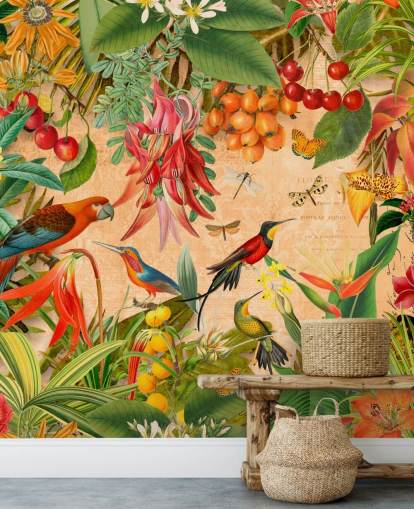 mural colorido de pájaros tropicales llamado Tropical Summer Garden de Andrea Haase para baños y cocinas