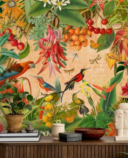 papier peint mural coloré d'oiseaux tropicaux appelé Tropical Summer Garden par Andrea Haase pour les salles de bain et les cuisines
