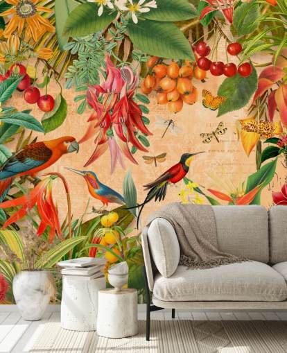 mural colorido de papel de parede de pássaros tropicais chamado Tropical Summer Garden de Andrea Haase para banheiros e cozinhas mural colorido de papel de parede de pássaros tropicais chamado Tropical Summer Garden de Andrea Haase para banheiros e cozinhas