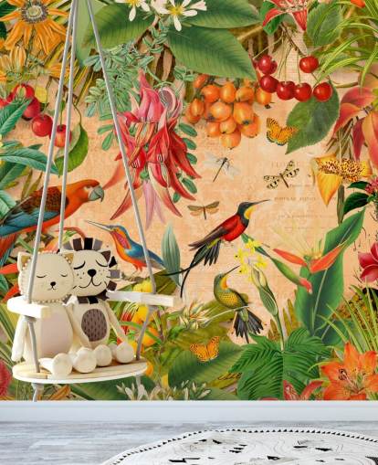 mural colorido de papel de parede de pássaros tropicais chamado Tropical Summer Garden de Andrea Haase para banheiros e cozinhas mural colorido de papel de parede de pássaros tropicais chamado Tropical Summer Garden de Andrea Haase para banheiros e cozinhas