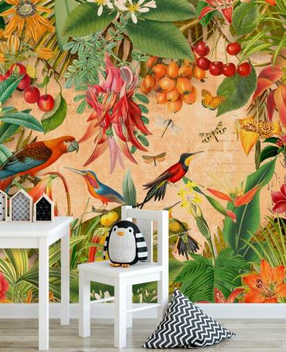 mural colorido de papel de parede de pássaros tropicais chamado Tropical Summer Garden de Andrea Haase para banheiros e cozinhas
