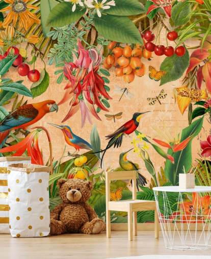 kleurrijke behangmuurschildering met tropische vogels genaamd Tropical Summer Garden van Andrea Haase voor badkamers en keukens kleurrijke behangmuurschildering met tropische vogels genaamd Tropical Summer Garden van Andrea Haase voor badkamers en keukens